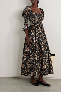 Doen Bijou Shirred Floral-print Organic Cotton-poplin Maxi Dress