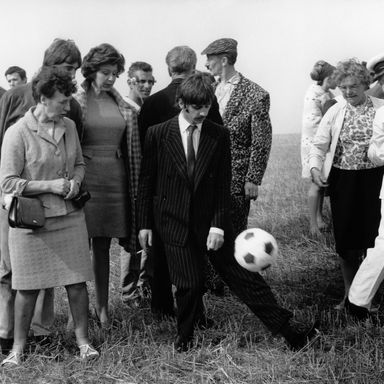 Ringo Starr plays with a soccer ball while filming Magical Mystery Tour.