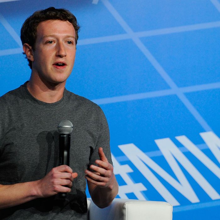 Co-Founder, Chairman and CEO of Facebook Mark Zuckerberg speaks during his keynote conference as part of the first day of the Mobile World Congress 2014 at the Fira Gran Via complex on February 24, 2014 in Barcelona, Spain. The annual Mobile World Congress hosts some of the world's largest communication companies, with many unveiling their latest phones and gadgets. The show runs from February 24 - February 27. (Photo by David Ramos/Getty Images)