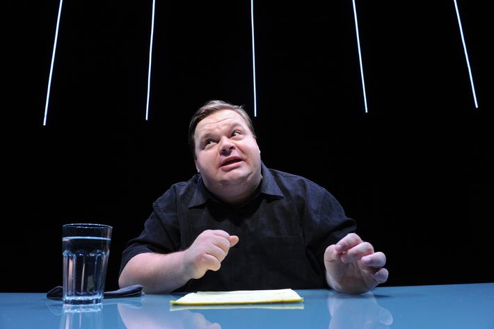 Mike Daisey in The Agony and The Ecstasy of Steve Jobs, created and performed by Mike Daisey and directed by Jean-Michele Gregory, running at The Public Theater. Photo credit: Stan Barouh