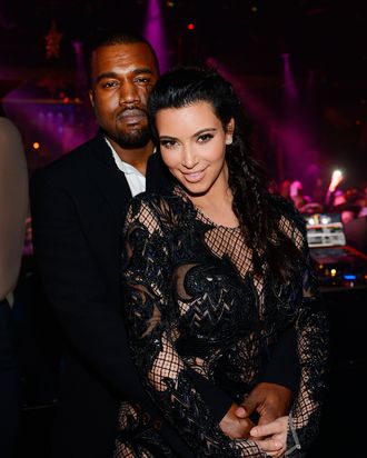 Kanye West and Kim Kardashian celebrate New Years Eve countdown at 1OAK Nightclub at the Mirage on December 31, 2012 in Las Vegas, Nevada.