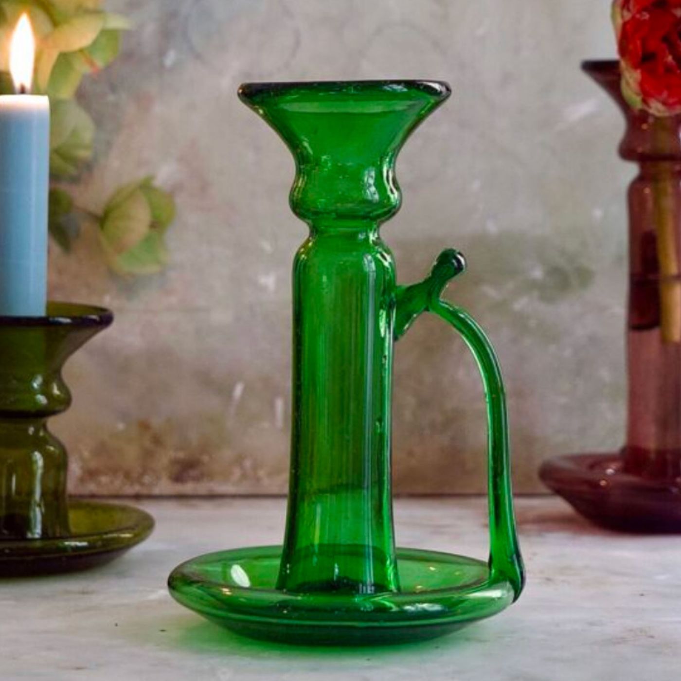 Porta Candele With Handle Emerald - La Soufflerie - Blown glass