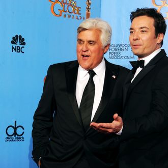 TV personalities Jay Leno (R) and Jimmy Fallon pose in the press room during the 70th Annual Golden Globe Awards held at The Beverly Hilton Hotel on January 13, 2013 in Beverly Hills, California.BEVERLY HILLS, CA - JANUARY 13: TV personalities Jay Leno (R) and Jimmy Fallon pose in the press room during the 70th Annual Golden Globe Awards held at The Beverly Hilton Hotel on January 13, 2013 in Beverly Hills, California. (Photo by Kevin Winter/Getty Images)