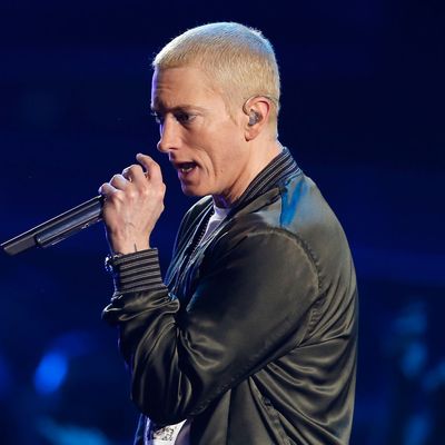 Eminem performs on stage at the 2014 MTV Movie Awards in Los Angeles, California April 13, 2014.
