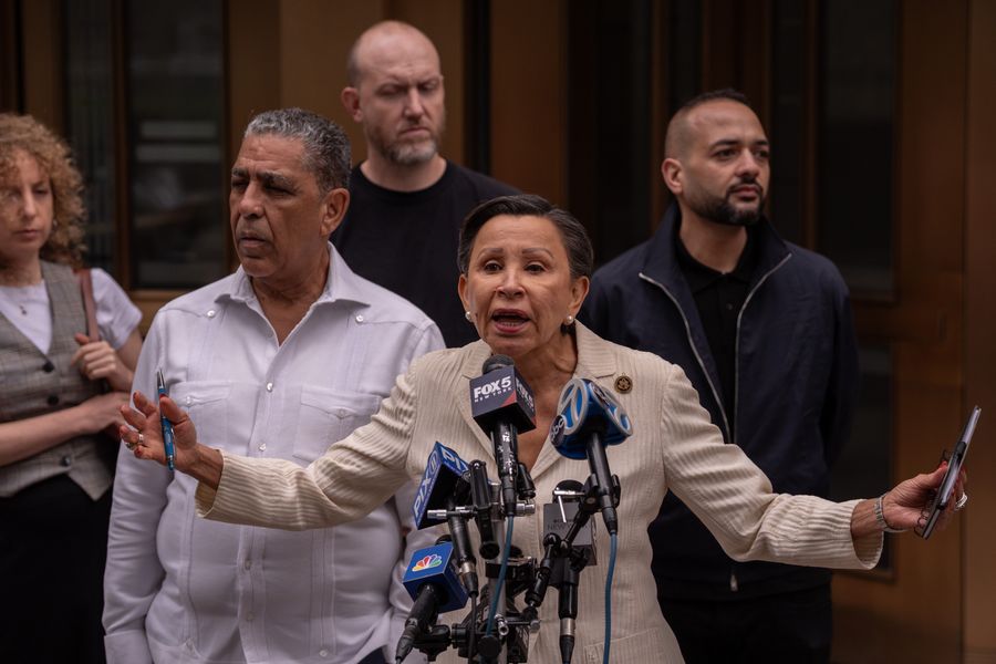 U.S. representatives Nydia Velázquez and Adriano Espaillat speak to the media opposite the Jacob K. Javits Federal Building after they were denied entry to observe ICE holding facilities there on June 8.