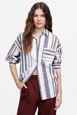 Madewell Shirred Button-Up Shirt in Linen-Cotton