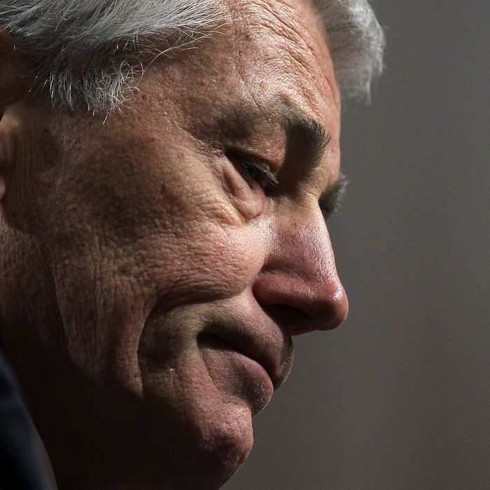 WASHINGTON, DC - JANUARY 31: Former U.S. Sen. Chuck Hagel (R-NE) pauses as he testifies before the Senate Armed Services Committee during his confirmation hearing to become the next secretary of defense on Capitol Hill January 31, 2013 in Washington, DC. President Barack Obama nominated Hagel, a controversial choice as Hagel opposed former President George W. Bush and his own party on the Iraq War and upset liberals with his criticism of a gay ambassador, for which he later apologized. (Photo by Alex Wong/Getty Images)
