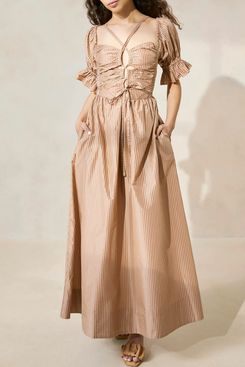 Loeffler Randall Yael Brown Stripe Gathered Bodice Dress