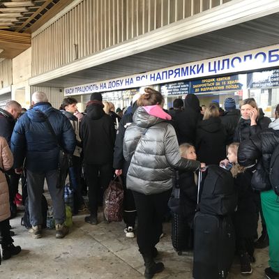 People wait for trains in Kharkiv, Ukraine.