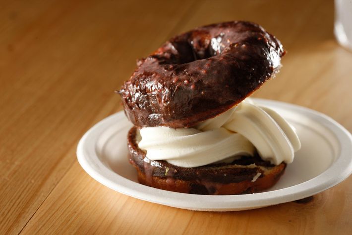 This Curiosity Doughnut is made with a marbled doughnut with strawberry glaze.