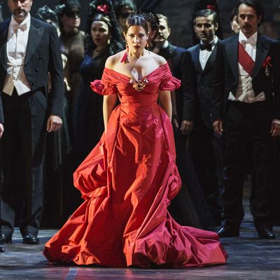 Francesca Dotto as Violetta in La Traviata, wearing a gown by Valentino. 