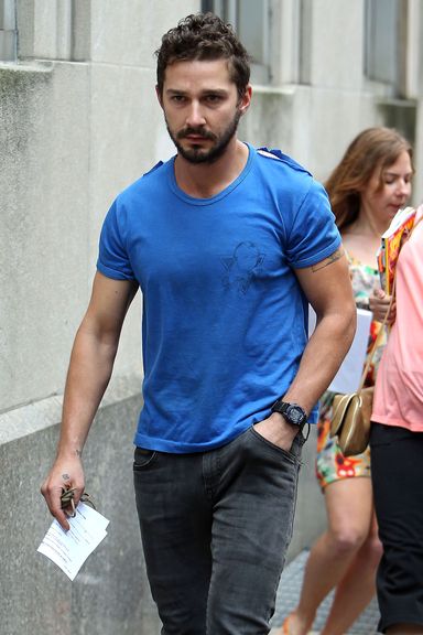 The gorgeously ripped shirt Shia wore after getting outta jail this morning? While I would like to believe the shoulder rip is authentic, I have my doubts.
