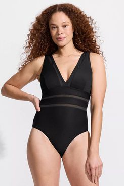 Lands’ End Long Mesh Ribbed Plunge High Leg One Piece Swimsuit