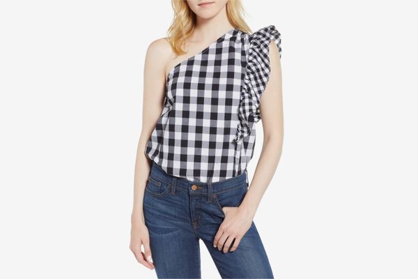 J.Crew Maybe One-Shoulder Mix Gingham Top