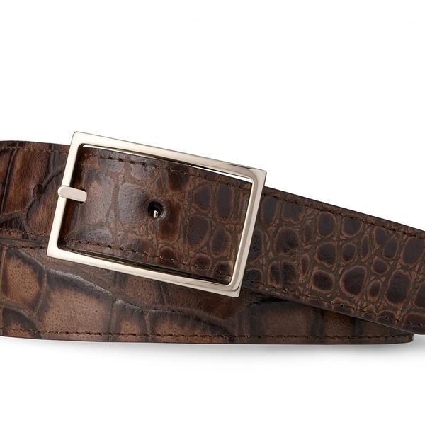 W.Kleinberg Reversible Pebbled Calf and Embossed Crocodile Belt with Nickel Buckle