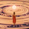 Woman walking in abstract environment