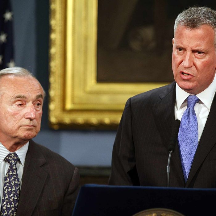 NEW YORK, NY - JULY 18: New York Mayor Bill de Blasio (right) and New York Police Commissioner William Bratton speak to the media at a news conference to address the recent death of a man in police custody on July 18, 2014 in New York City. The mayor has promised a full investigation into the circumstances surrounding the death of Eric Garner after he was taken into police custody in Staten Island yesterday. A 400-pound, 6-foot-4 asthmatic, Garner (43) died after police put him in a chokehold outside of a conveinence store for illegally selling cigarettes. (Photo by Spencer Platt/Getty Images)