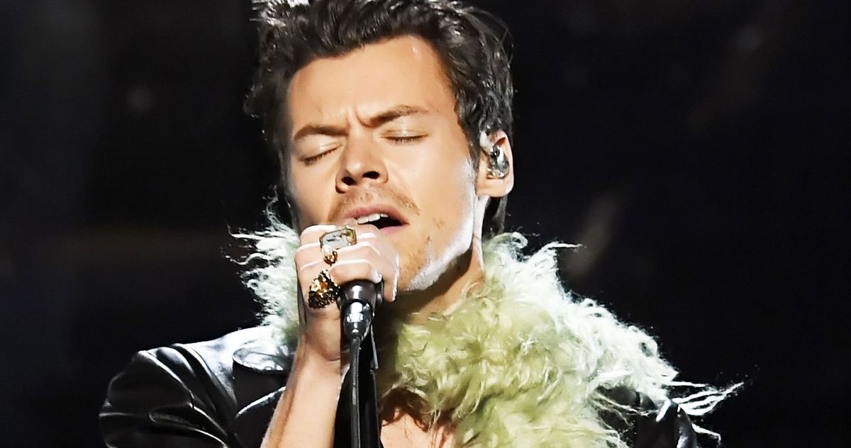 Harry Styles Grammys Leather Suit Feather Boa Hell Yeah