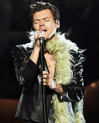 Harry Styles Grammys Leather Suit Feather Boa Hell Yeah
