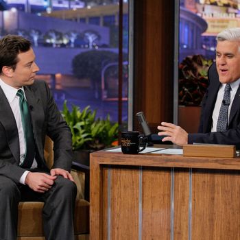 THE TONIGHT SHOW WITH JAY LENO -- Episode 4216 -- Pictured: (l-r) Talk show host Jimmy Fallon during an interview with host Jay Leno on March 16, 2012.