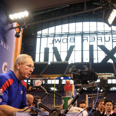 Head coach Tom Coughlin of the New York Giants answers question from the media during Media Day ahead of Super Bowl XLVI