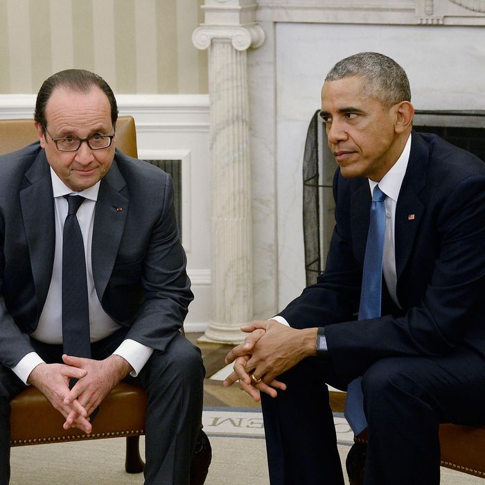 President Barack Obama Hosts French President Francois Hollande In The Oval Office
