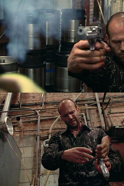 Statham hacks off your hand, then uses your own severed hand, which is holding your own gun, to shoot you in the head. (Crank)