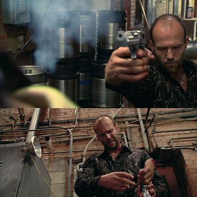 Statham hacks off your hand, then uses your own severed hand, which is holding your own gun, to shoot you in the head. (Crank)
