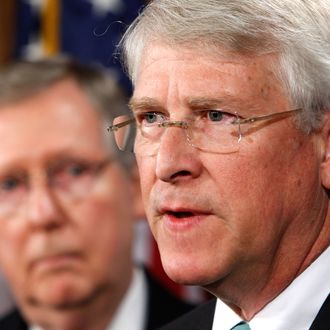 WASHINGTON - JANUARY 12: U.S. Sen. Roger Wicker (R-MS) (R) speaks as Senate Minority Leader Sen. Mitch McConnell (R-KY) (L) listens during a news conference on Capitol Hill January 12, 2010 in Washington, DC. The Republican legislators briefed the media on a recent Congressional delegation to Afghanistan and Pakistan. (Photo by Alex Wong/Getty Images) *** Local Caption *** Mitch McConnell;Roger Wicker