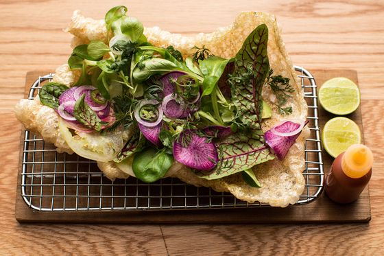 Chicharrón, radish, cilantro, avocado, hot sauce