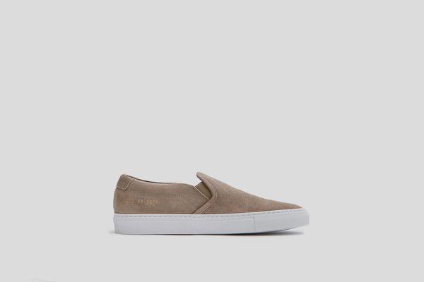Woman by Common Projects Slip On in Warm Gray Waxed Suede