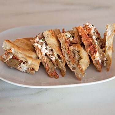 Jersey-tomato relish and roasted oyster mushrooms on foccacia