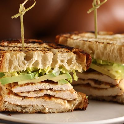 Grilled chicken breast sandwich with avocado, romaine, and ginger-apricot aioli.