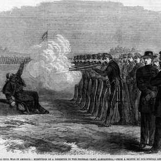 Illustration of a deserter being executed by a firing squad at the Federal Camp in Alexandria during the American civil war. (Photo by Kean Collection/Getty Images)