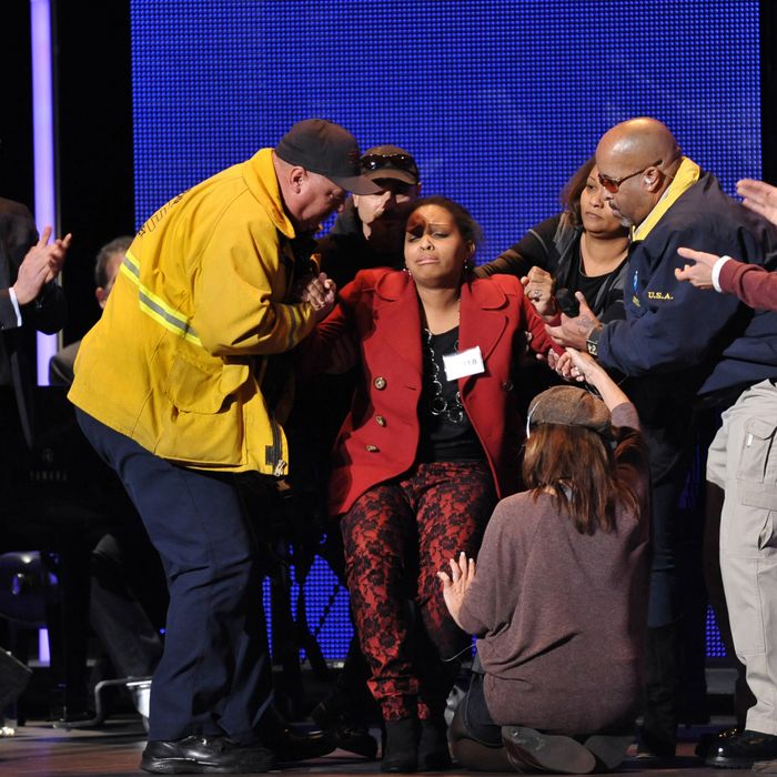 AMERICAN IDOL: Hollywood: Over 300 contestants made it to Hollywood and only 70 will survive. The Hollywood round begins Wednesday, Feb. 8 (8:00-9:00 PM ET/ PT) and Thursday, Feb. 9 (8:00-9:00 PM ET/PT) on FOX. Pictured: A contestant is helped off the stage after fainting during her performance. CR: Michael Becker / FOX.