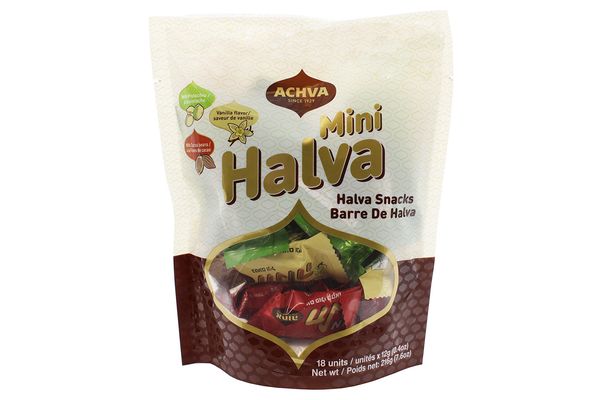 Achva Kosher Vanilla, Cocoa Beans, and Pistachio Mini Halva Bars Snack Bag