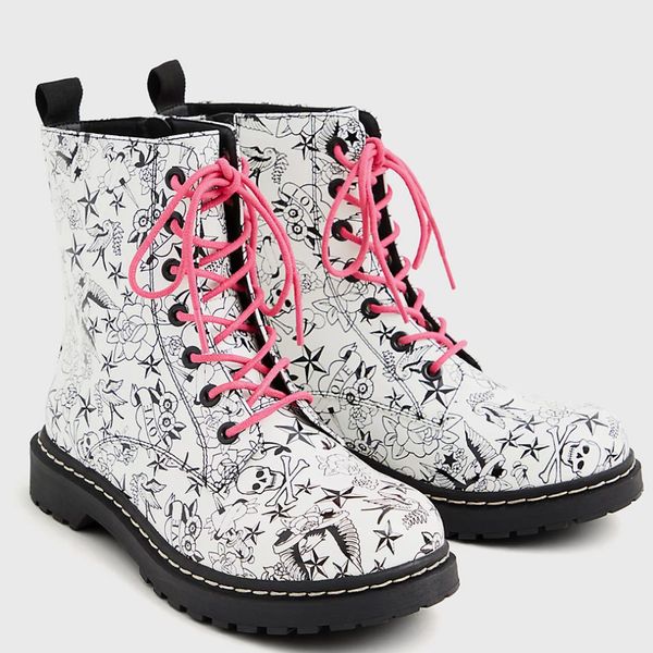 Betsey Johnson White Tattoo Combat Bootie