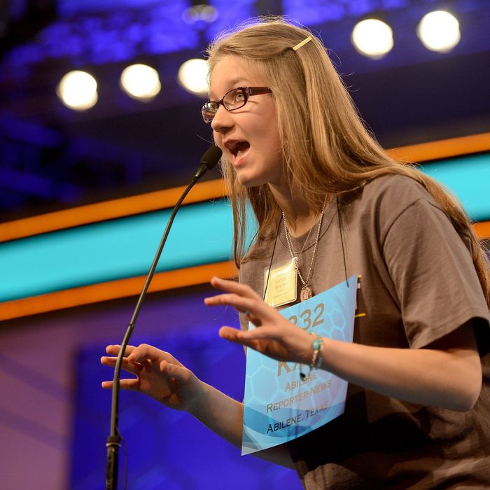 Speller Kate Miller, of Abilene, Texas, competes in the 2014 Scripps National Spelling Bee in National Harbor, Md., Wednesday, May 28, 2014. Miller qualified for the Bee semifinals. (Chuck Myers/MCT)