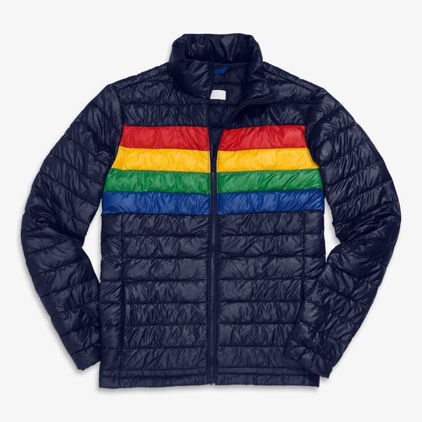 Primary Grown-Ups Classic Fit Puffer Jacket in Rainbow Stripe