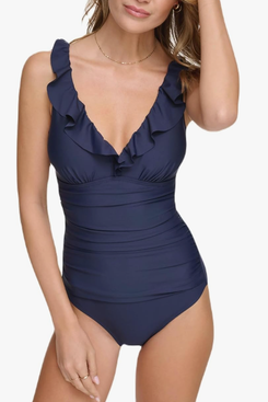 DKNY One Piece Ruffle V-Neck Bathing Suit