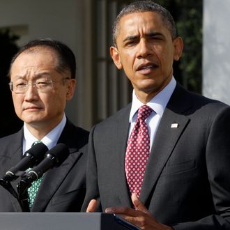 President Barack Obama stands with Jim Yong Kim, his nominee to be the next World Bank President, in the Rose Garden of the White House in Washington, Friday, March 23, 2012. Kim is currently the president of Dartmouth College. (AP Photo/Charles Dharapak)