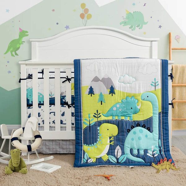 Uozzi Bedding 3-Piece Crib Bedding Set Navy Teal and Yellow Modern Dinosaur