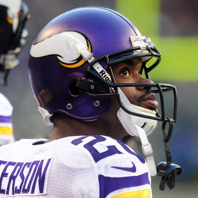 SEATTLE, WA - NOVEMBER 17: Running back Adrian Peterson #28 of the Minnesota Vikings watches as time winds down during the fourth quarter of the game against the Seattle Seahawks at CenturyLink Field on November 17, 2013 in Seattle,Wa. The Seahawks won the game 41-20. (Photo by Steve Dykes/Getty Images)