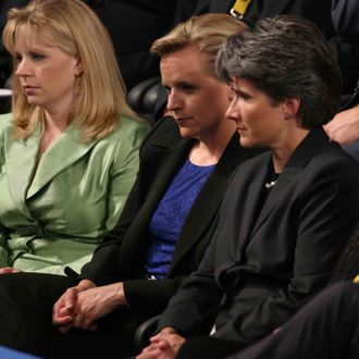 01 Sep 2004, New York City, New York State, USA --- Mary Cheney (C), daugther of Vice President Dick Cheney, and partner are seen during the Republican National Convention. Mary Cheney's sister, Liz Cheney Perry, is seen at left.