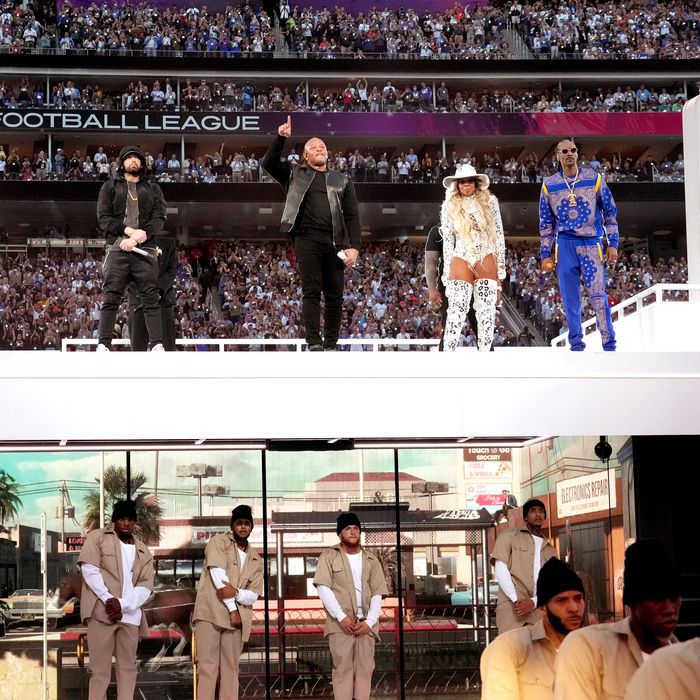 Eminem, Dr. Dre, Mary J. Blige, and Snoop Dogg perform at the 2022 Super Bowl halftime show.
