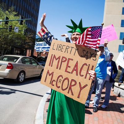 Locals protest Governor Pat Mccrory during Moogfest 2014 on April 23, 2014 in Asheville, North Carolina.
