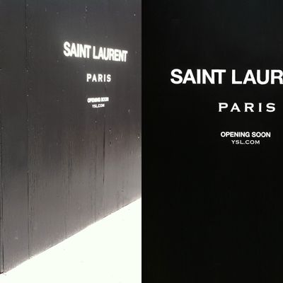 Saint Laurent's new logo, revealed on the soon-to-be-opened Soho storefront.