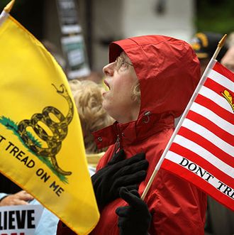 CHICAGO, IL - APRIL 16: Kay Herrmann sings the National Anthem at the start of a Tea Party rally which was held to protest President Barack Obama's proposed 