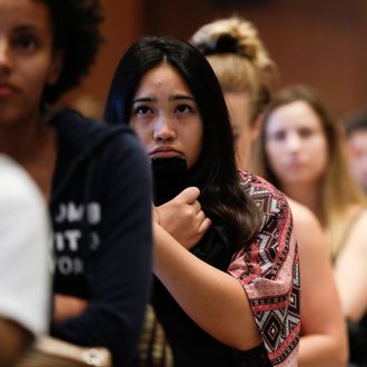 New students at San Diego State University watch a video on sexual consent during an orientation meeting Friday, Aug. 1, 2014.