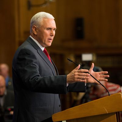 U.S. Rep. Mike Pence (R-IN) holds a press conference March 31, 2015 at the Indiana State Library in Indianapolis, Indiana. Pence spoke about the state's controversial Religious Freedom Restoration Act which has been condemned by business leaders and Democrats. (Photo by Aaron P. Bernstein/Getty Images)